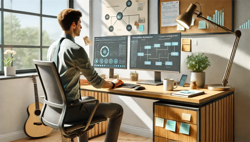 Eine Person sitzt an einem modernen Arbeitsplatz und arbeitet mit einem Workflow-Automatisierungstool, während Prozessdiagramme auf einem zweiten Bildschirm visualisiert werden.