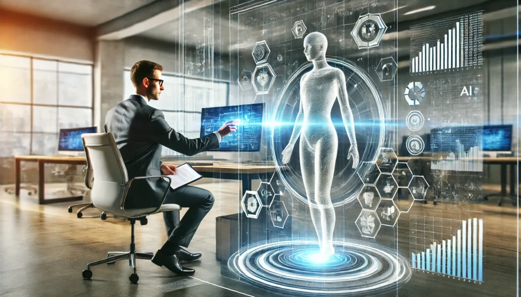 Ein Mensch arbeitet in einem modernen Büro mit einer transparenten holographischen Benutzeroberfläche, die Datenanalysen anzeigt. Neben ihm steht ein halbtransparenter humanoider KI-Assistent, der unterstützend agiert. Der Hintergrund kombiniert futuristische Technologien mit natürlichen Elementen und symbolisiert die harmonische Zusammenarbeit von Mensch und Maschine.