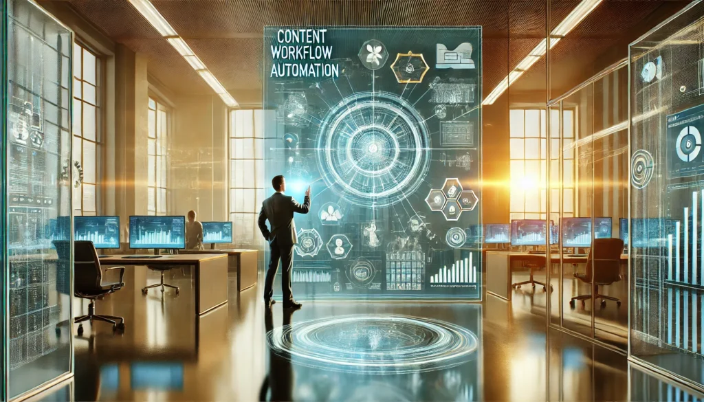 Ein moderner Arbeitsplatz mit einer Person, die mit einem holographischen Interface interagiert, das automatisierte Content-Workflows und Datenströme zeigt. Die Umgebung kombiniert futuristisches Design mit warmen und kühlen Akzenten, symbolisierend die Zusammenarbeit von Mensch und KI.