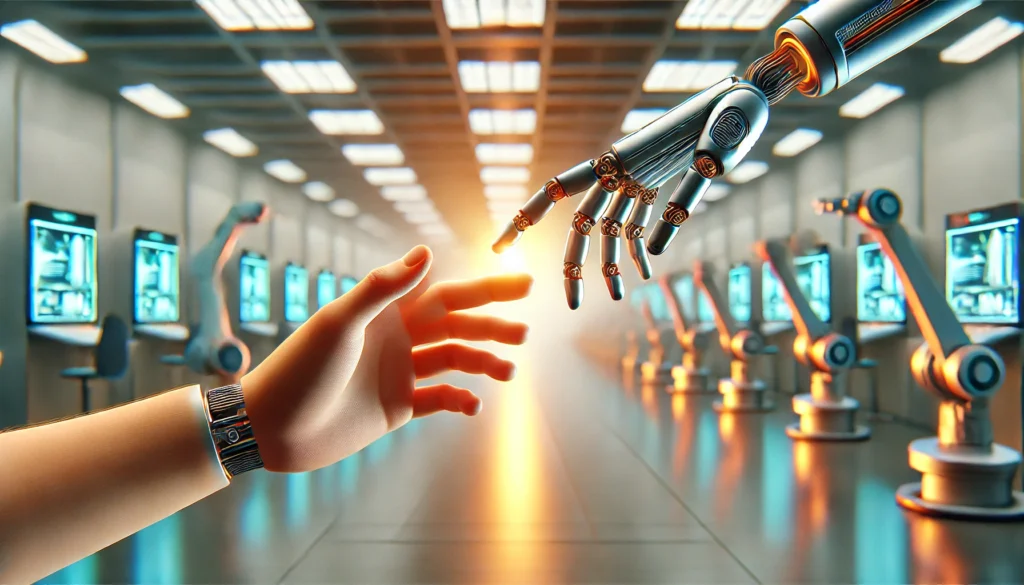 Eine menschliche Hand und ein robotischer Arm treffen sich in der Mitte eines modernen, high-tech Umfelds und symbolisieren die Zusammenarbeit zwischen Mensch und Automatisierung.