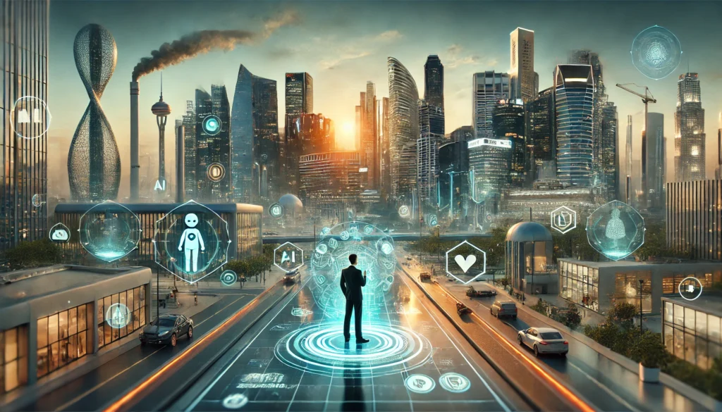 Futuristische Stadtlandschaft mit einer Person, die mit einem holographischen Interface interagiert. Darstellung von KI-Trends wie autonomes Fahren, smarte Fabriken und digitale Assistenten. Warme und kühle Farbakzente symbolisieren Innovation und Zusammenarbeit.