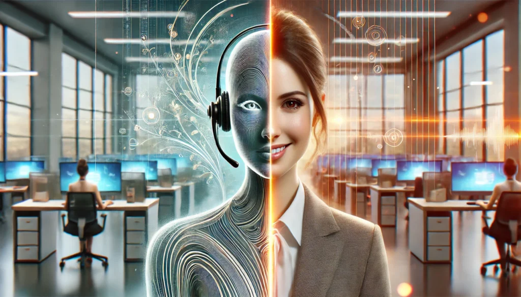 Eine geteilte Szene zeigt links einen freundlichen Kundenservice-Mitarbeiter in einem modernen Büro und rechts eine abstrakte, fließende Darstellung künstlicher Intelligenz, beide nahtlos in der Mitte vereint.