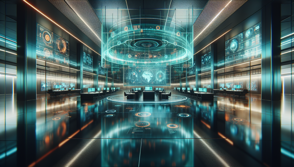Eine Person in Business-Kleidung interagiert in einem modernen Büro mit holografischen Datenprojektionen, die in warmen Orange- und Blautönen leuchten. Die Szene symbolisiert die nahtlose Zusammenarbeit zwischen Menschen und KI-Technologie.