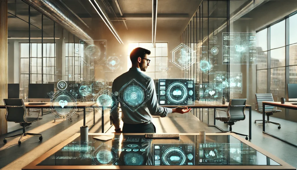 Eine Person sitzt an einem modernen Schreibtisch in einem lichtdurchfluteten Büro. Vor ihr schweben holografische Displays mit Social-Media-Layouts. Warmes Sonnenlicht fällt durch große Fenster und trifft auf bläuliche, ethereale KI-Visualisierungen, die den Raum durchziehen. Die Atmosphäre vermittelt die harmonische Verschmelzung von menschlicher Kreativität und künstlicher Intelligenz im modernen Content-Marketing.