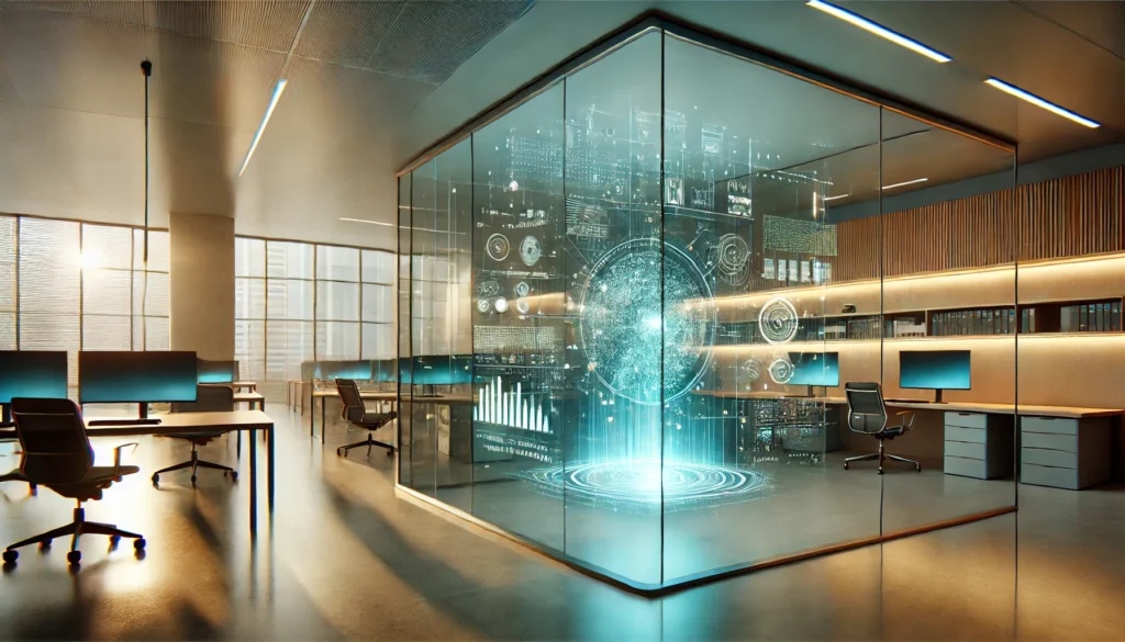 Futuristischer Büroraum mit schwebender holografischer Schnittstelle in sanftem Blau und warmem Goldlicht, die die Integration von KI in moderne Arbeitsabläufe symbolisiert. Im Hintergrund verschmelzen digitale Visualisierungen mit einer minimalistischen Büroumgebung.