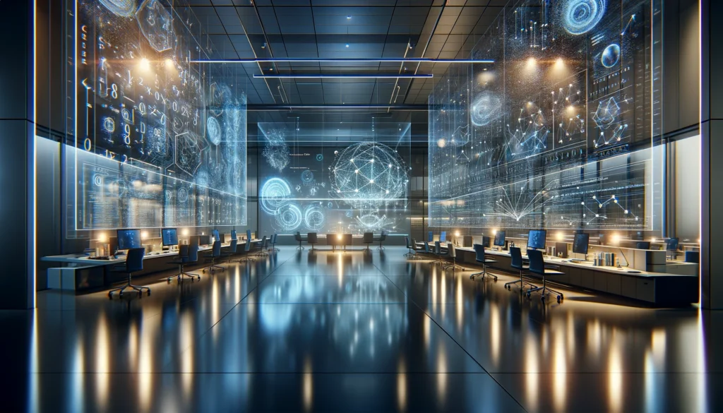 Futuristisches Forschungslabor mit holografischen Visualisierungen und bläulich-warmem Licht, das durch schwebende Datenmuster und transparente wissenschaftliche Projektionen erhellt wird. Die moderne, cleane Umgebung spiegelt fortschrittliche KI-Technologie wider.