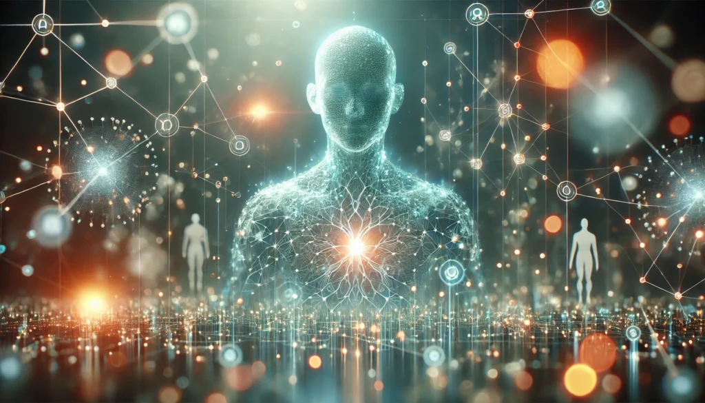 Futuristische Darstellung eines menschlichen Profils, das mit leuchtenden neuronalen Netzwerkstrukturen in Blau- und Goldtönen verschmilzt, symbolisiert die Verbindung von menschlicher und künstlicher Intelligenz
