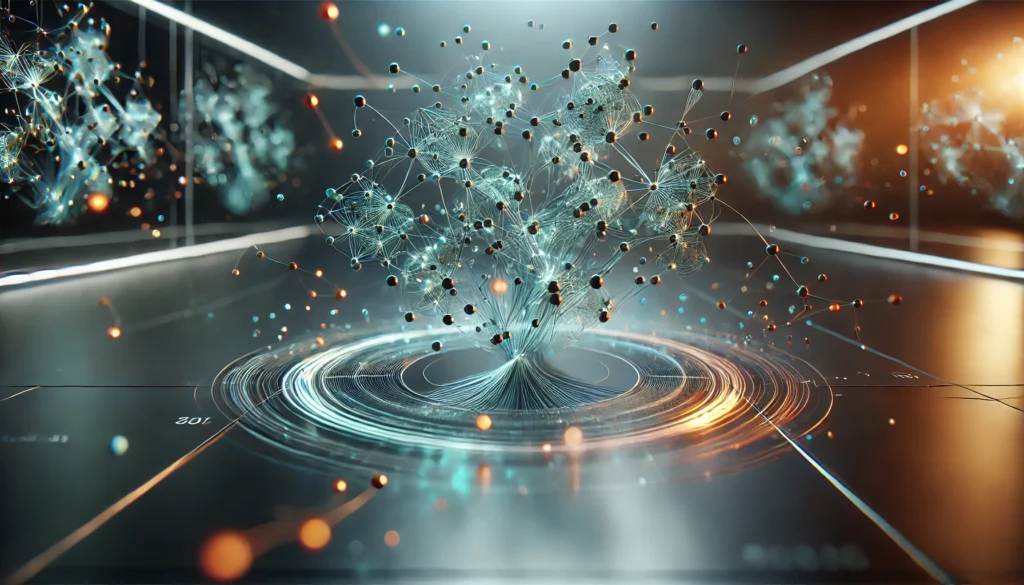 Futuristische 3D-Visualisierung eines neuronalen Netzwerks mit leuchtenden Verbindungen in Türkis und warmen Orange-Tönen, die Datenströme und KI-Prozesse symbolisieren. Die schwebenden, miteinander vernetzten Knotenpunkte sind in einem cleanen, modernen Ambiente mit dramatischer Beleuchtung dargestellt.