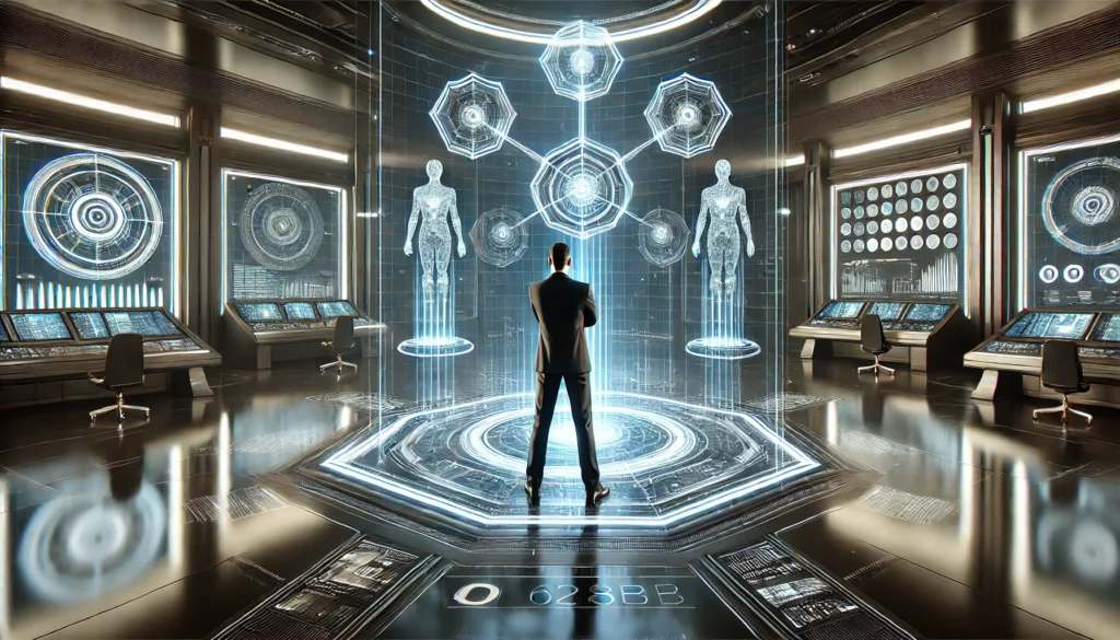 Futuristisches Kontrollzentrum mit holografischen RISEN-Elementen: Eine Person interagiert professionell mit schwebenden 3D-Visualisierungen in blau-goldener Atmosphäre, symbolisiert systematisches KI-Prompt Engineering.